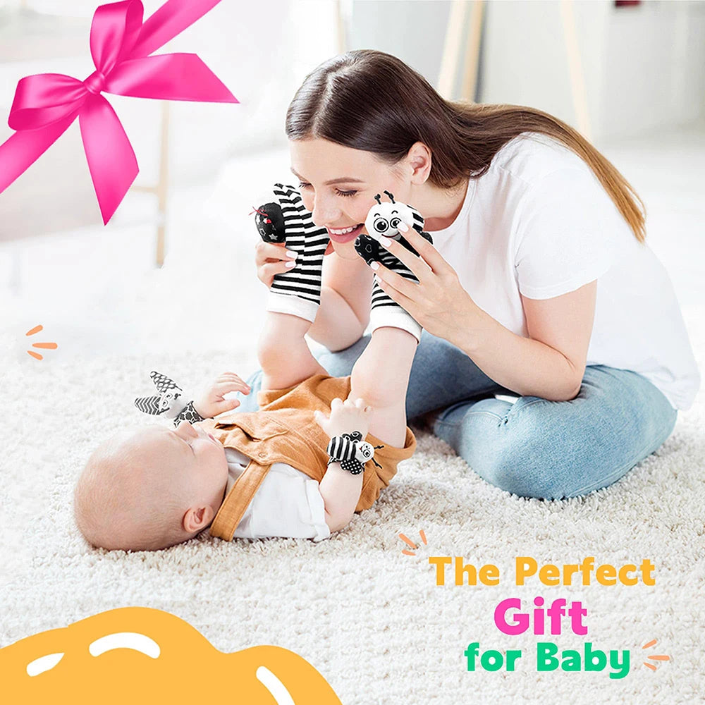 Black and White Sensory Wrist Rattles and Foot Finders for Newborns