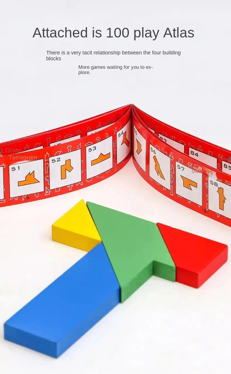 A wooden tangram puzzle featuring colored geometric shapes arranged in a triangular formation.