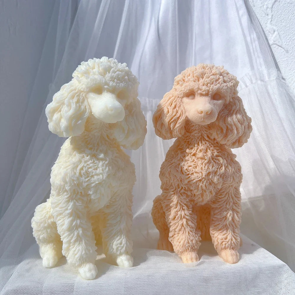 Two fluffy poodle dog silicone candle molds in white and peach colors