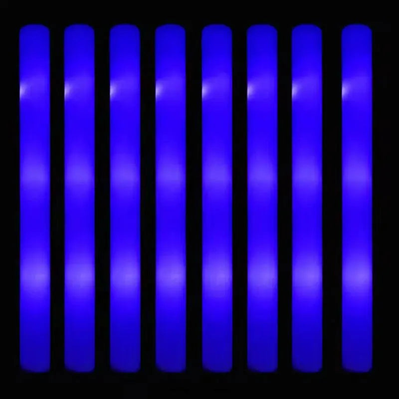 A row of bright blue LED glow sticks in a packaging display.