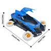 Blue transformable stunt car with a propeller and lights shown from above.