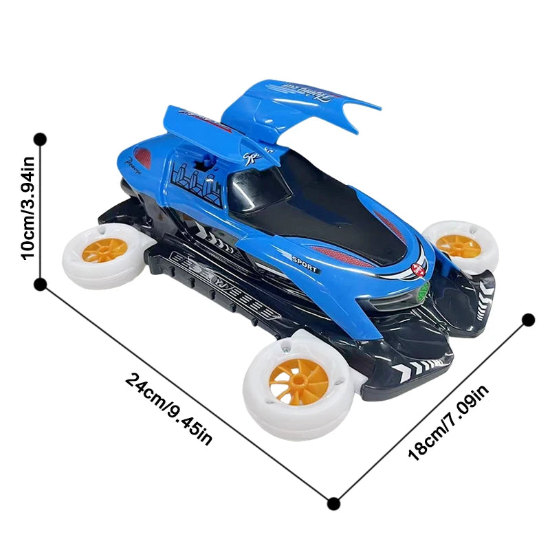Blue transformable stunt car with a propeller and lights shown from above.