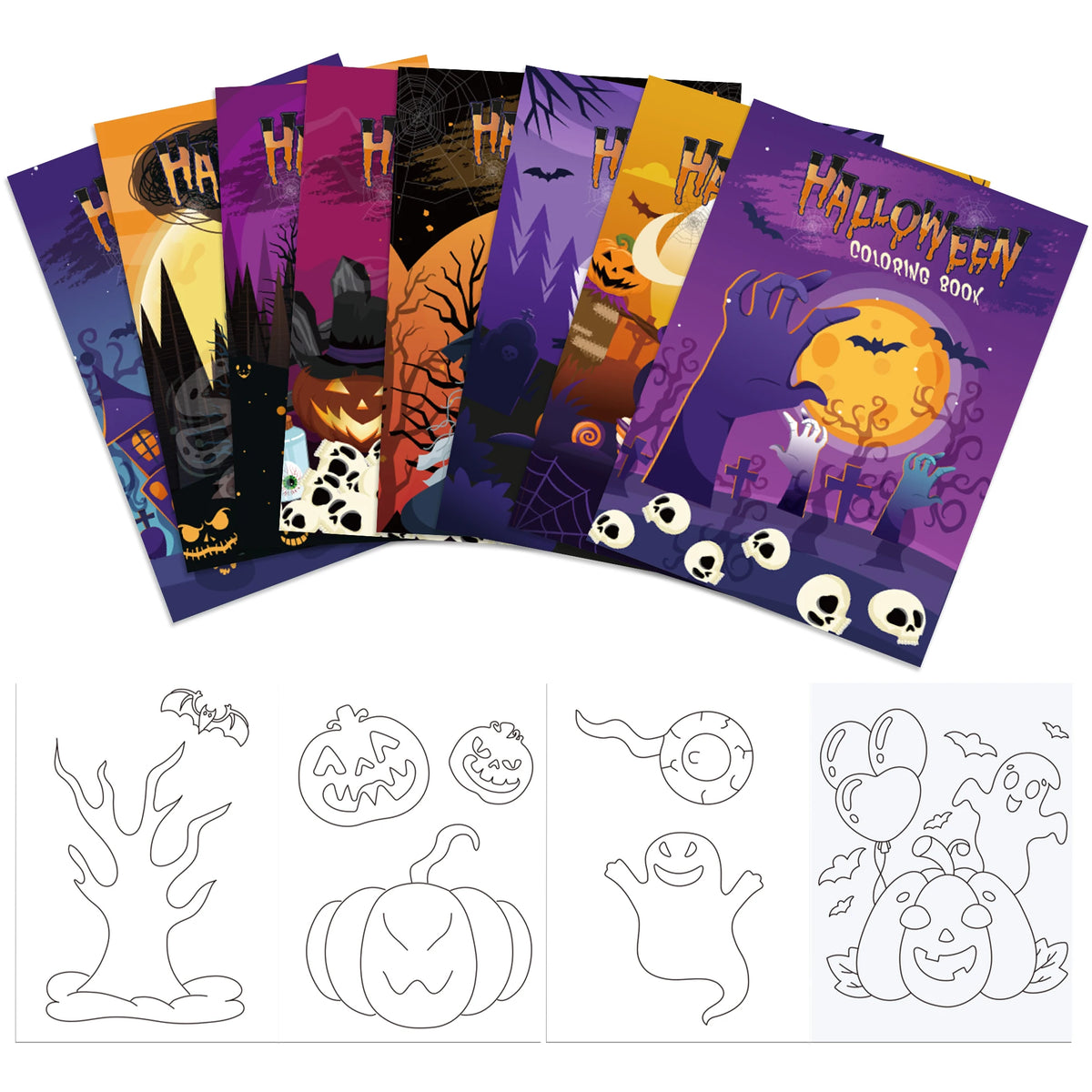 A set of 16 Halloween coloring book pages featuring spooky and festive designs.