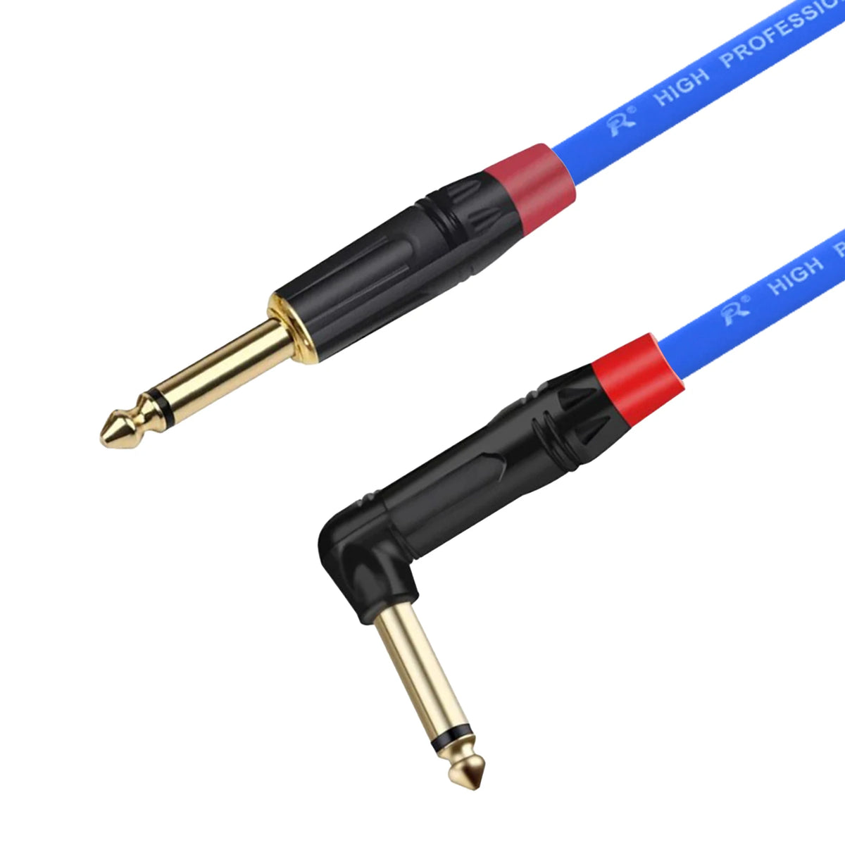 A close-up view of a 6.35mm instrument guitar cable with a right-angle connector, featuring black and blue insulation.