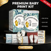 A premium baby print kit showing various molds and casts for making keepsake hands and feet