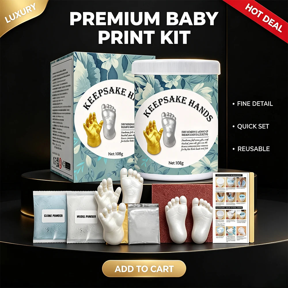 A premium baby print kit showing various molds and casts for making keepsake hands and feet