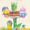 A colorful illustration featuring various plush toys and characters on a tree-like structure.