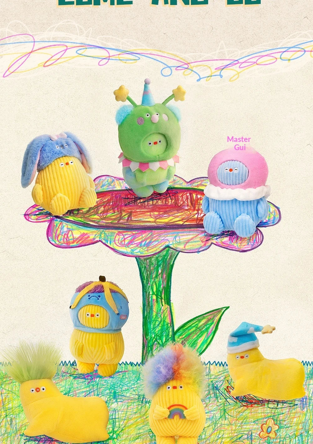 A colorful illustration featuring various plush toys and characters on a tree-like structure.