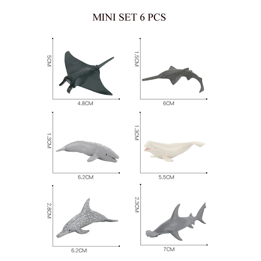 A set of six mini ocean animal figurines including a whale, shark, dolphin, turtle, and penguin.