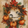 A wreath of autumn leaves, pinecones, and orange pumpkins surrounds a small bird on a textured background.
