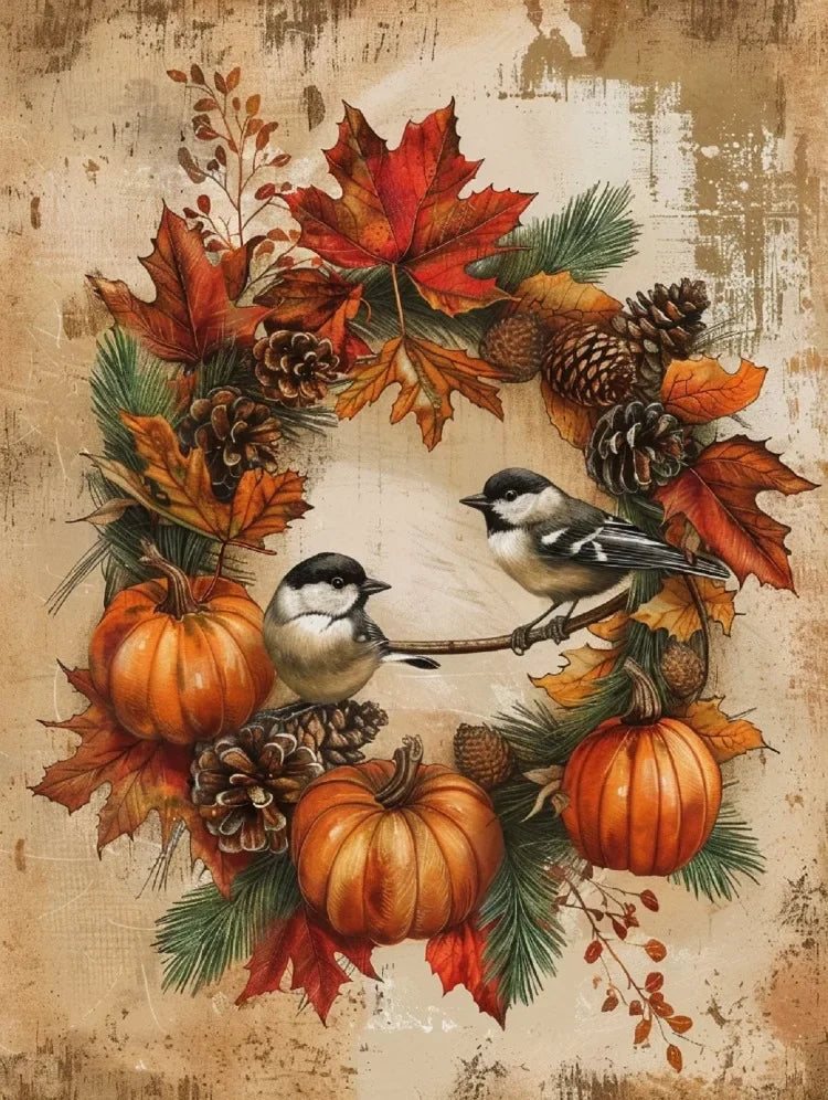 A wreath of autumn leaves, pinecones, and orange pumpkins surrounds a small bird on a textured background.