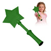 A green star-shaped magic wand with a handle is shown next to a young girl holding it.