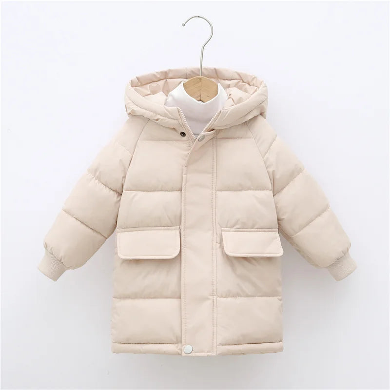 A beige kids' thick cotton-padded parka jacket with a hood hanging on a hanger.
