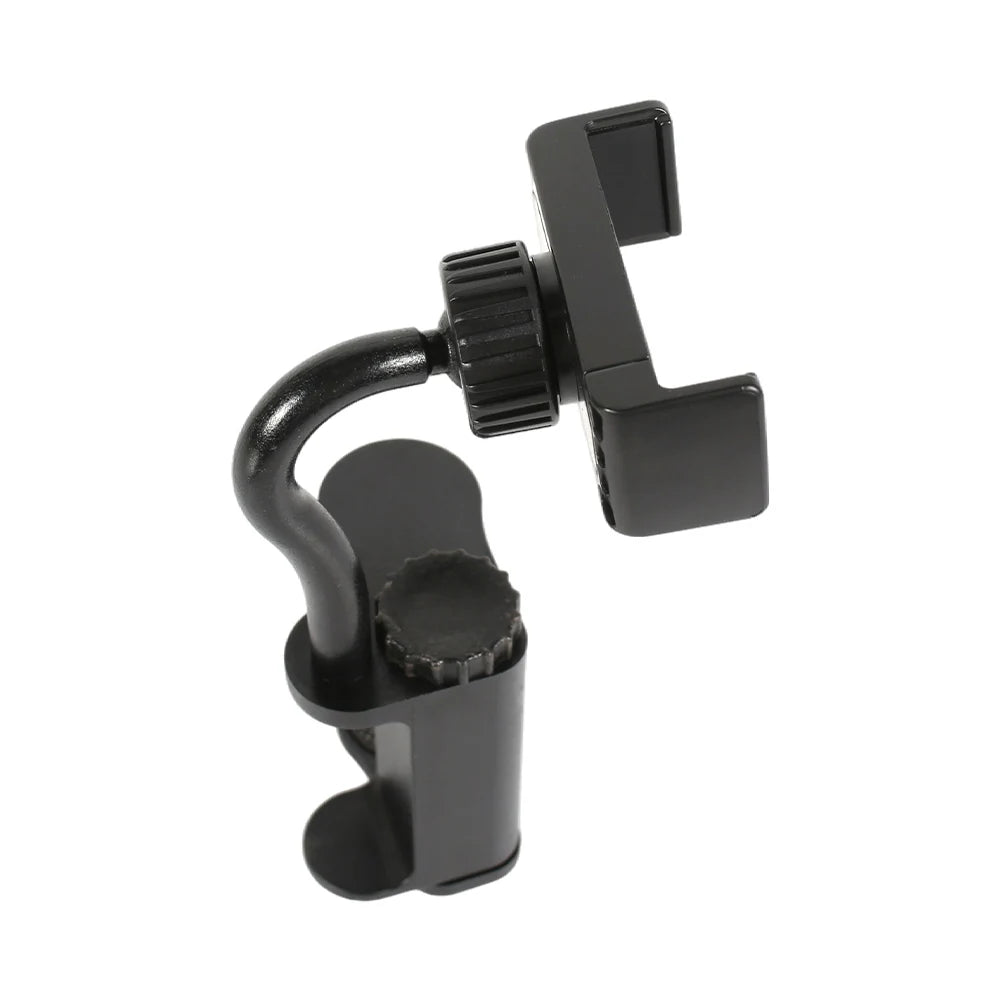 Black adjustable guitar phone holder clamp with a rotating mechanism.