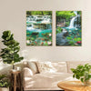 Two framed diamond paintings depicting lush forest waterfalls and greenery.