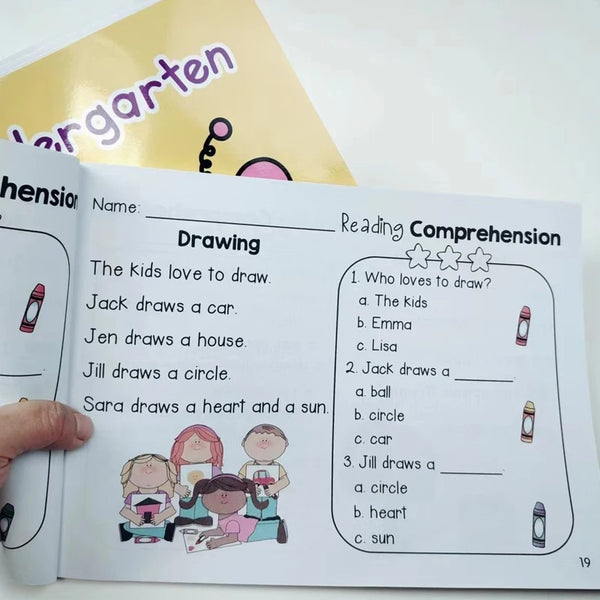 A page from an interactive English reading comprehension book showing a drawing activity with illustrations of kids drawing v