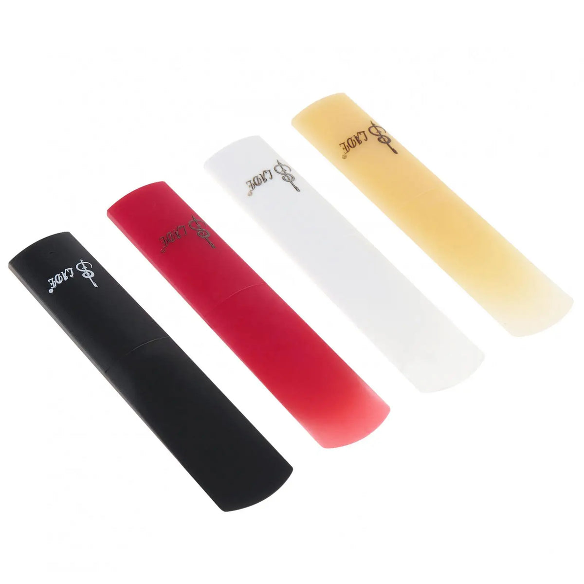 Three colored SLADE resin alto saxophone reeds in black, red, and yellow displayed against a white background.