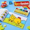 A creative doodle coloring book featuring a yellow chick illustration and a box of colored pencils.