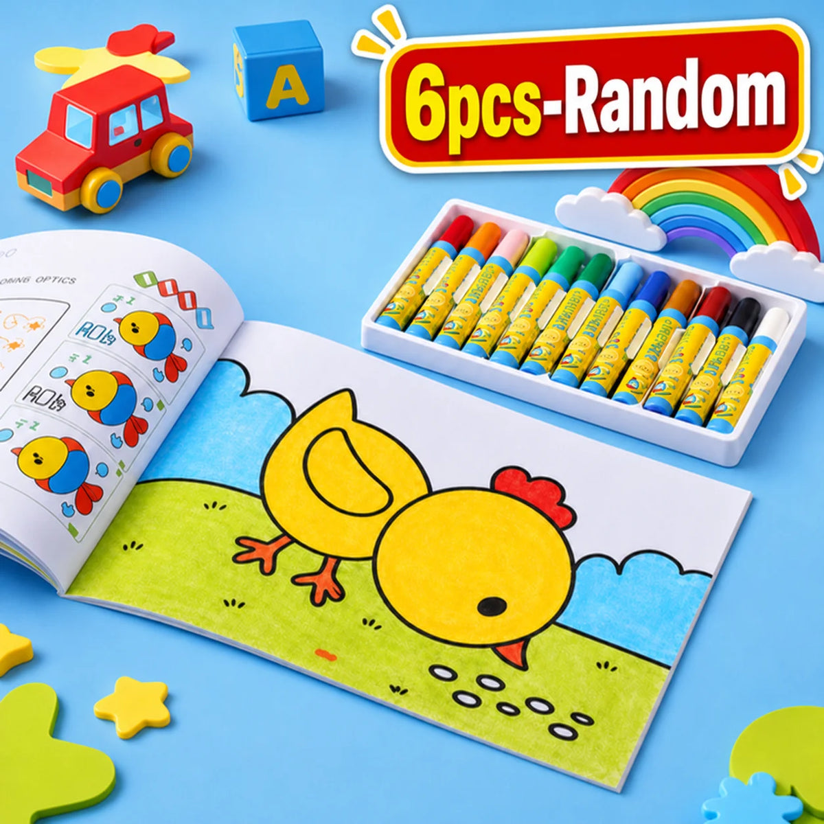 A creative doodle coloring book featuring a yellow chick illustration and a box of colored pencils.