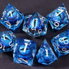 A set of seven blue liquid core resin polyhedral dice for tabletop role-playing games