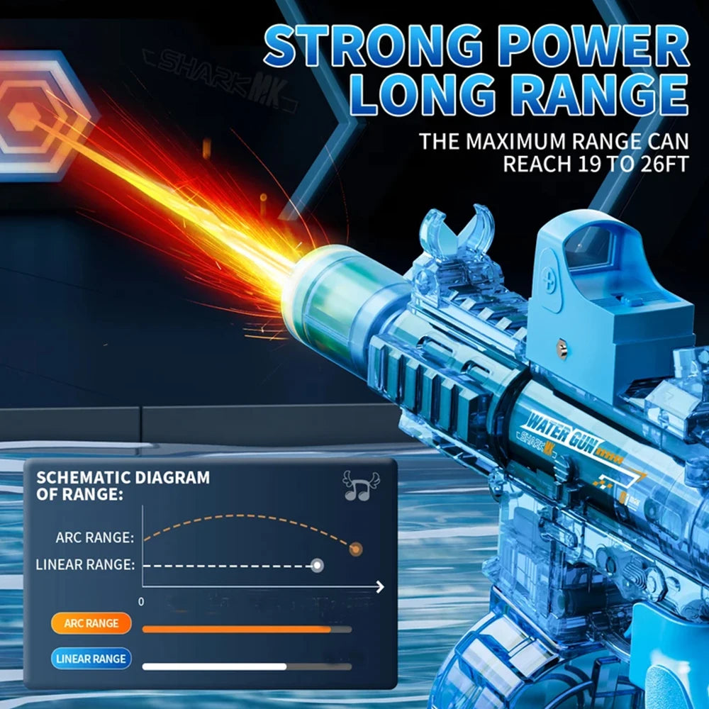 A blue electric water gun is shown firing a powerful, long-range stream of water against a dark background.