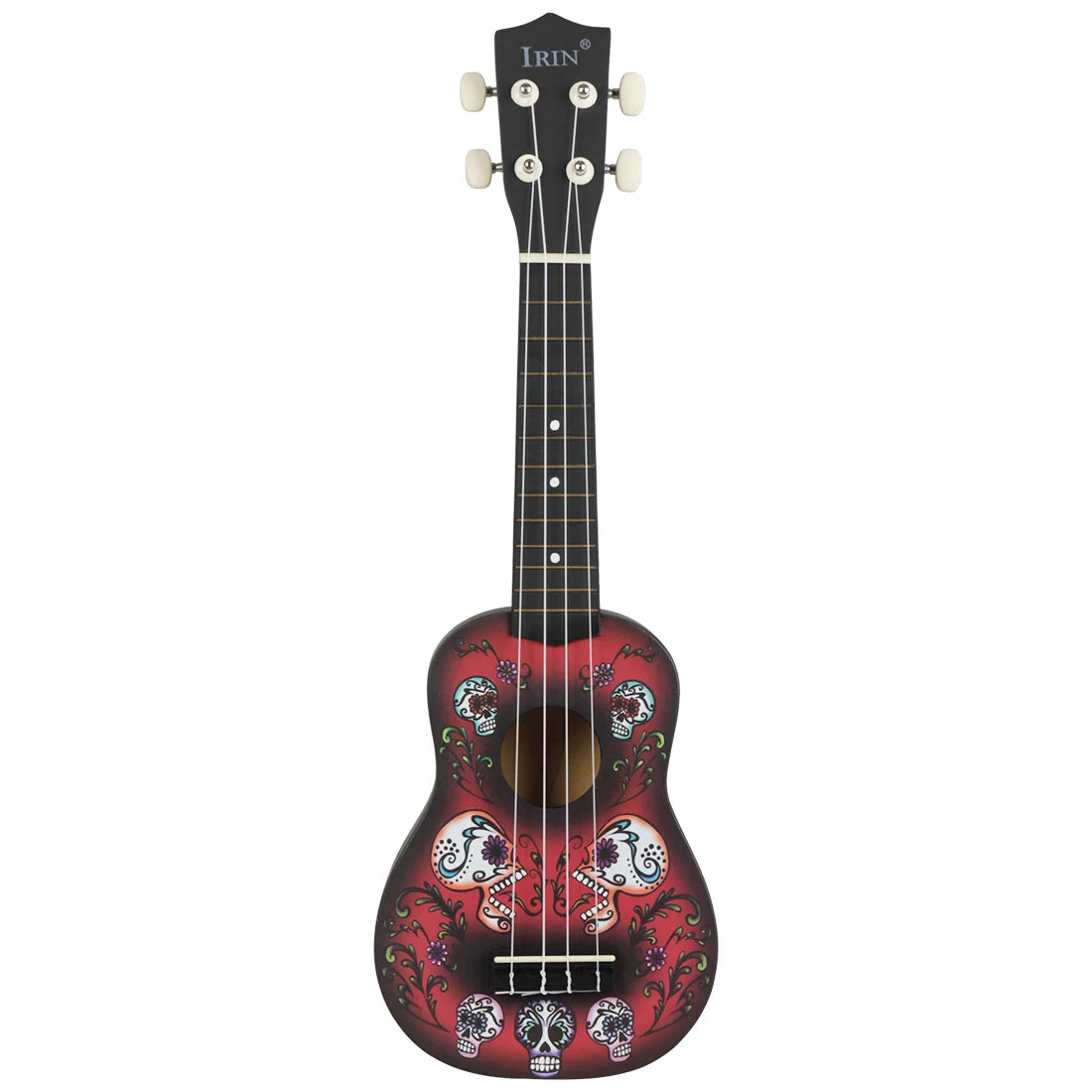 A black acoustic guitar with a red body featuring intricate skull and floral designs.