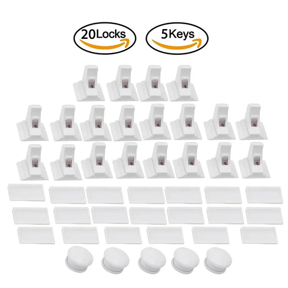 A set of magnetic child safety locks and keys for cabinets and drawers, including 20 locks and 5 keys.