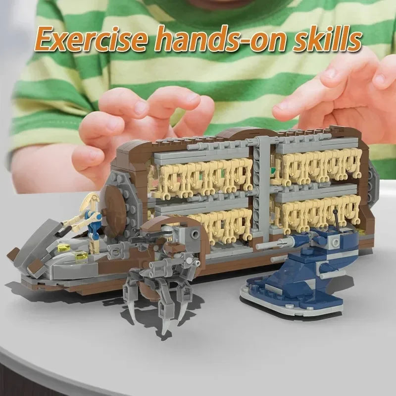 Hands are assembling a detailed robot platoon and transport warship model from building blocks.