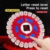 A hand presses a letter reset lever on a red alphabet game disk to reset the letters.