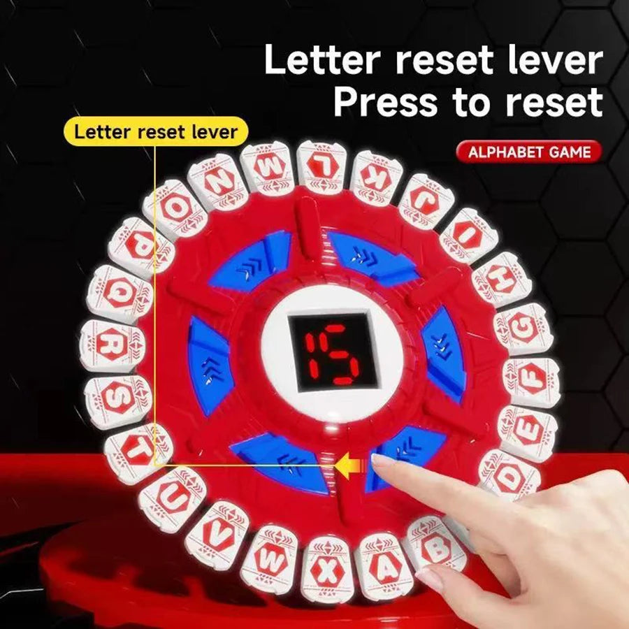 A hand presses a letter reset lever on a red alphabet game disk to reset the letters.