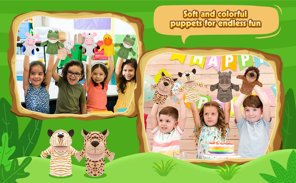 A colorful set of soft plush animal hand puppets featuring various jungle and safari animals for children's play.