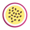 A silicone baby teether set featuring yellow fruit and vegetable shapes with a purple rim.