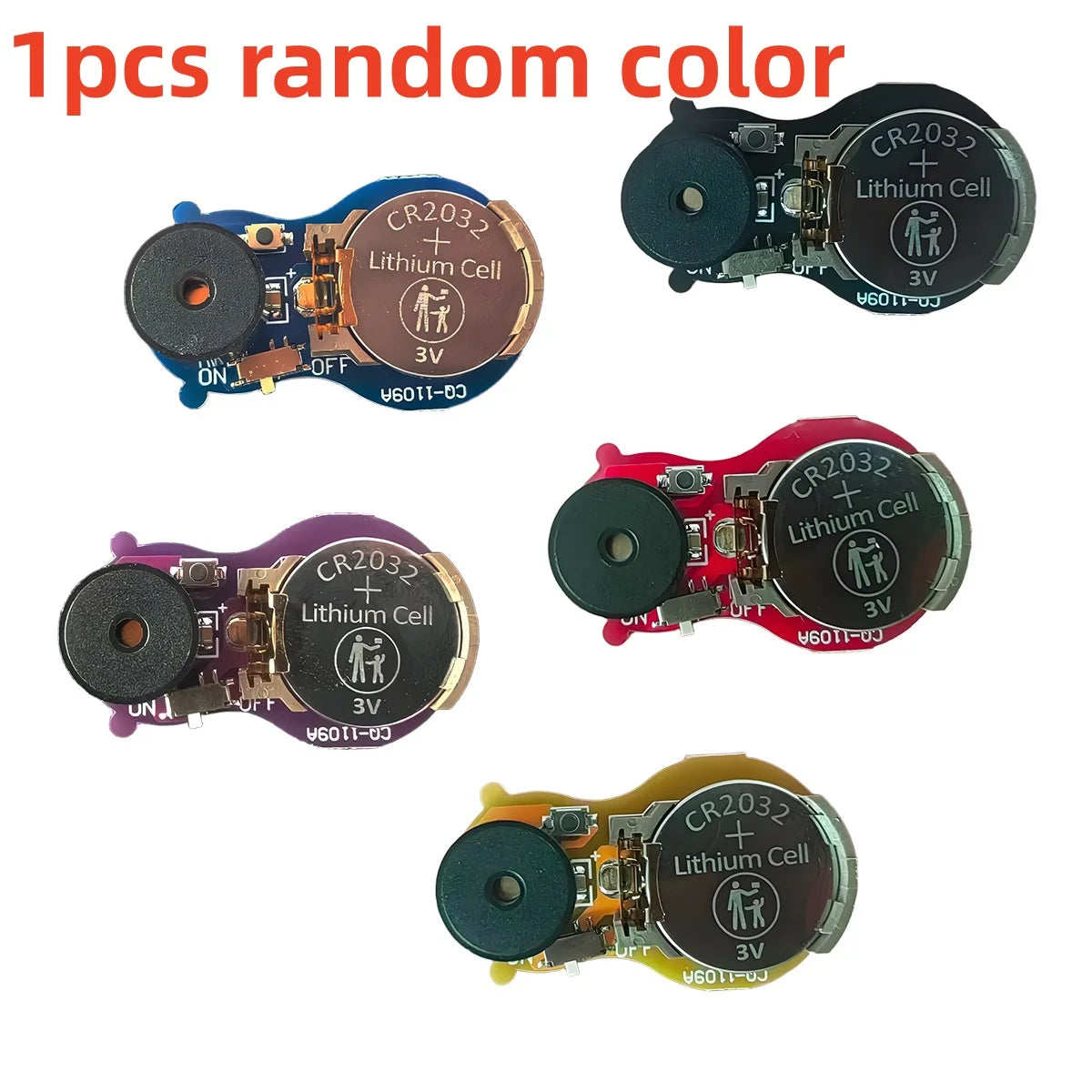 Four random color CR2032 lithium cell battery packs for a hidden cricket noise maker.