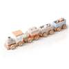 A set of wooden train toys with glass beads, showing various colored carriages and wagons.