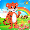 A colorful jigsaw puzzle featuring a cartoon tiger character in orange and white against a rainbow background.