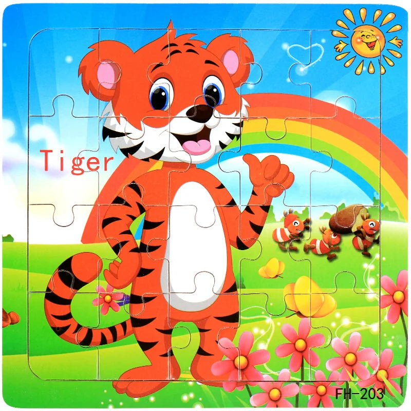 A colorful jigsaw puzzle featuring a cartoon tiger character in orange and white against a rainbow background.
