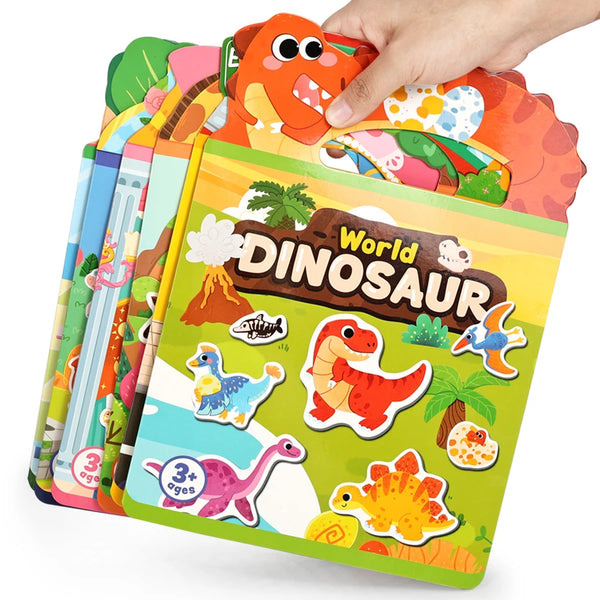 A hand is holding an open reusable children's sticker book featuring a dinosaur theme.