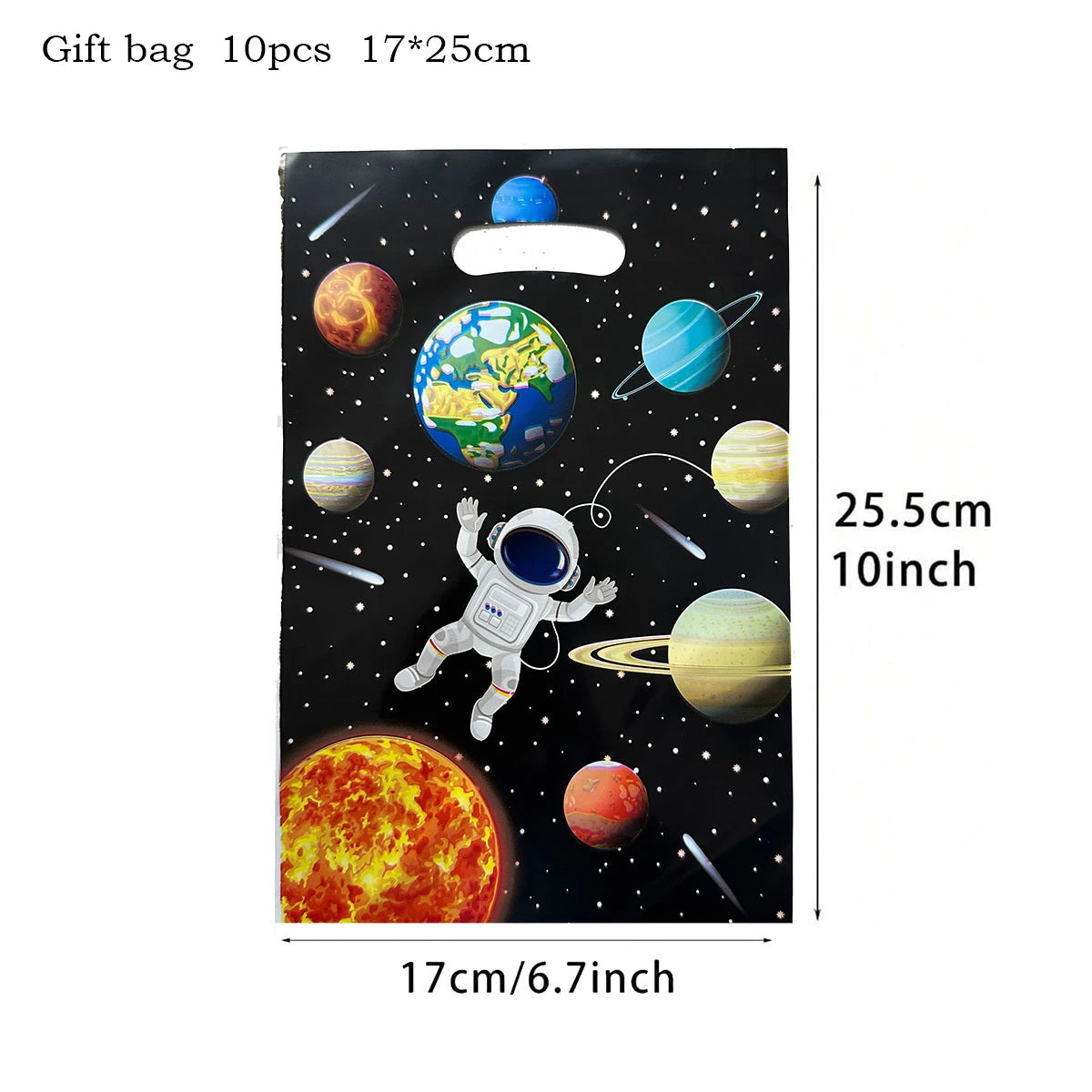 A gift bag containing 10 pieces of outer space themed décor, including planets and an astronaut.
