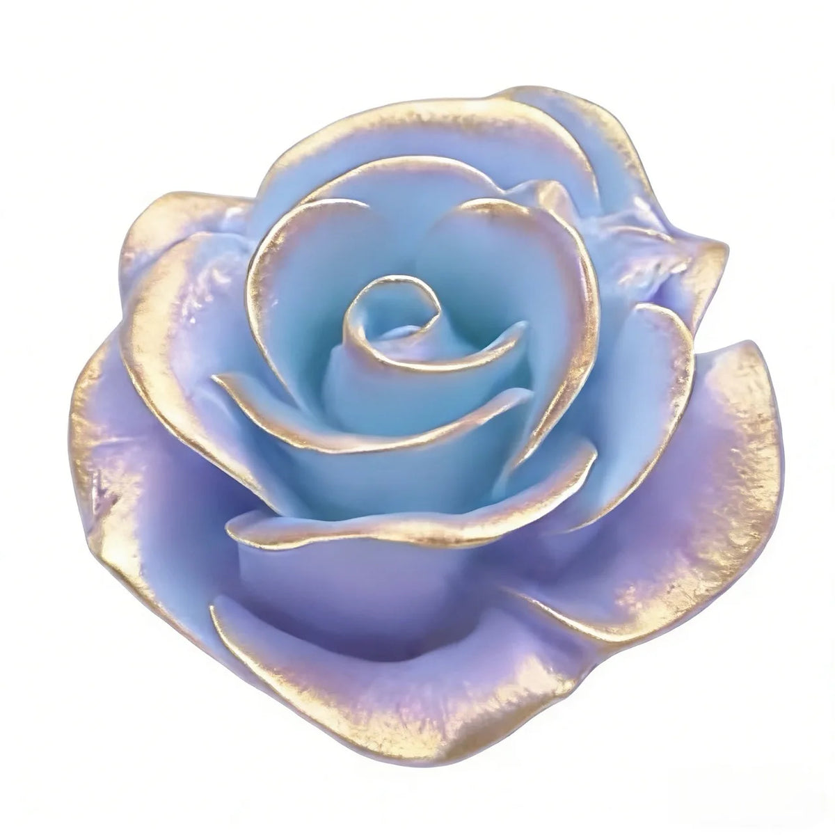 A light blue silicone flower mold with gold accents, shaped like a rose, used for decorating cakes and fondant.