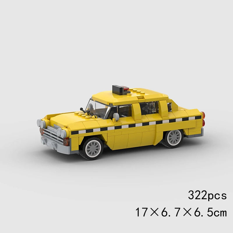 A yellow classic rally car building block set with black and white racing stripes.