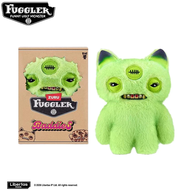 A bright lime green plush toy of a monster with large eyes and teeth, packaged in a box.