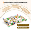 A wooden train table set featuring a curved natural wood material used for building and play