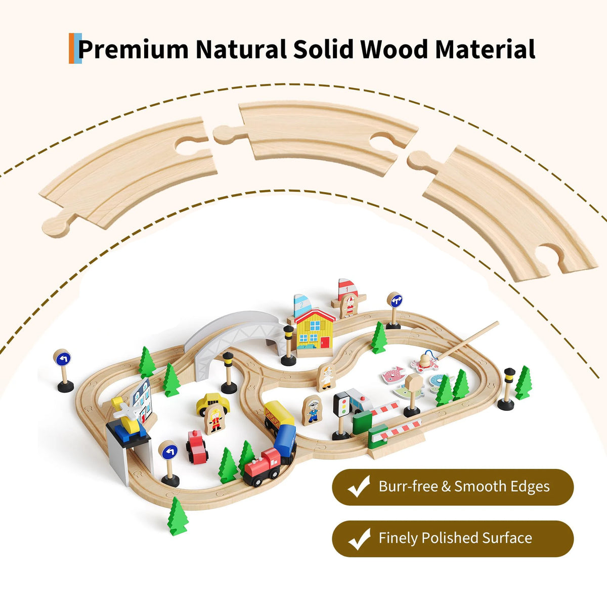 A wooden train table set featuring a curved natural wood material used for building and play