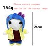 A plush doll resembling a character with blue hair and a purple bow, wearing a yellow jacket and blue pants.
