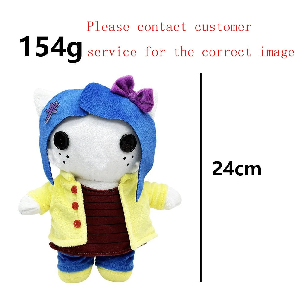A plush doll resembling a character with blue hair and a purple bow, wearing a yellow jacket and blue pants.