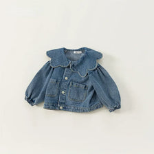 A blue denim jacket for kids featuring a ruffled collar and chest pocket.