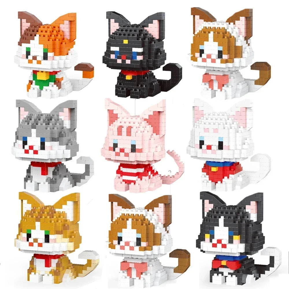 A collection of various cute cat figures made from mini building blocks in orange, black, white, and pink colors.