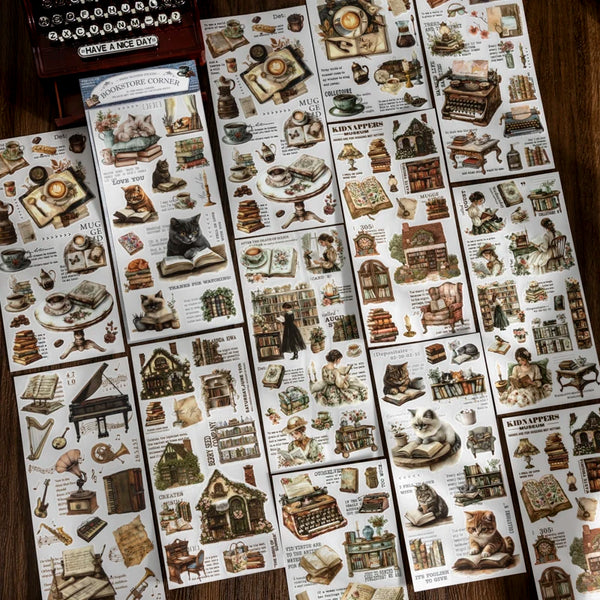 A collection of retro transfer printing stickers featuring various vintage and historical themes for journaling.
