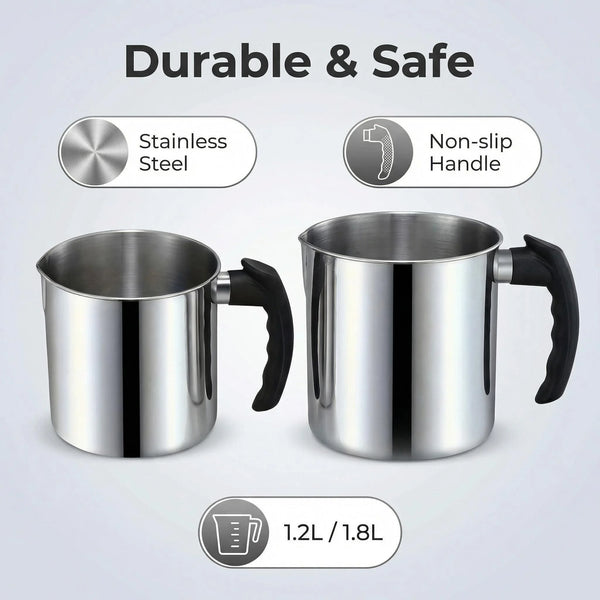 To holdbare rustfri stålfyrfadskander med skridsikre håndtag og kapacitet på 1,2L/1,8L.