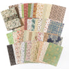 A collection of vintage scrapbook paper sheets featuring floral, botanical, and patterned designs in muted earth tones.